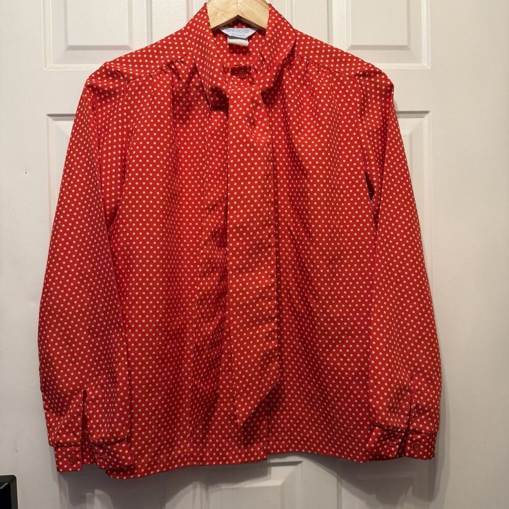Sears Womens 12 Vintage 70s Red Polka Dot Secretary Blouse Bow Tie Neck
